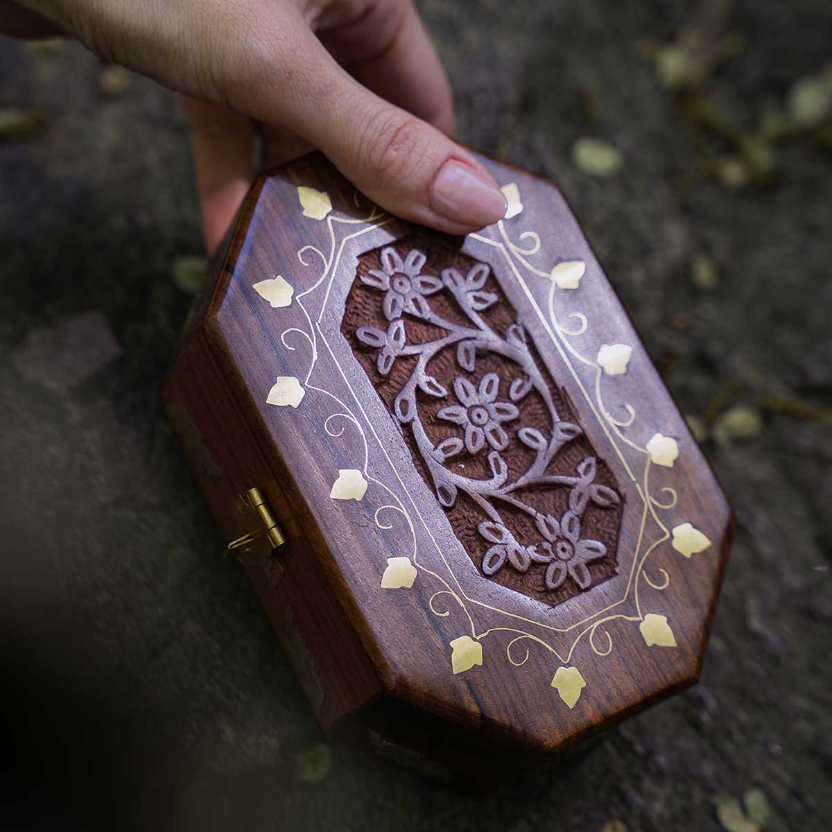 Wooden jewellery kashmiri gift box with intricate hand carvings and brass detailing