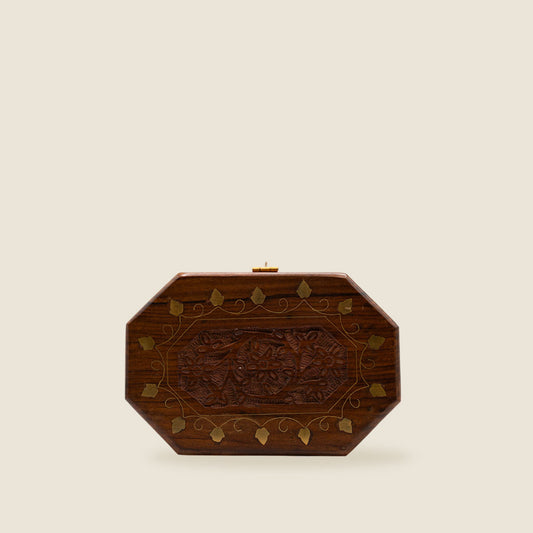Wooden jewellery kashmiri gift box with intricate hand carvings and brass detailing