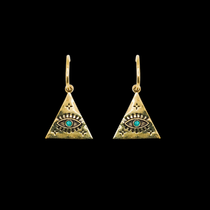 Pair of a triangle-shaped earring with an eye design and turquoise stone