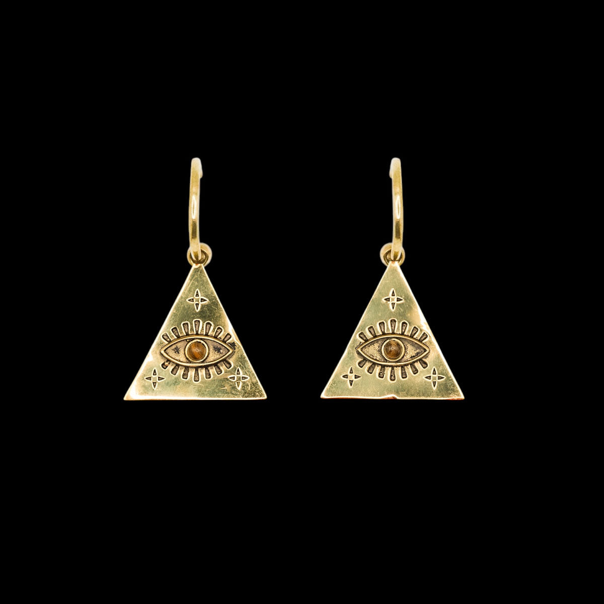 Pair of a triangle-shaped earring with an eye design and brown stone