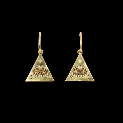 Pair of a triangle-shaped earring with an eye design and brown stone
