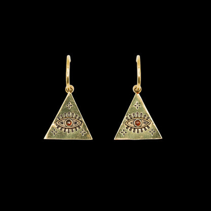 Pair of a triangle-shaped earring with an eye design and maroon stone